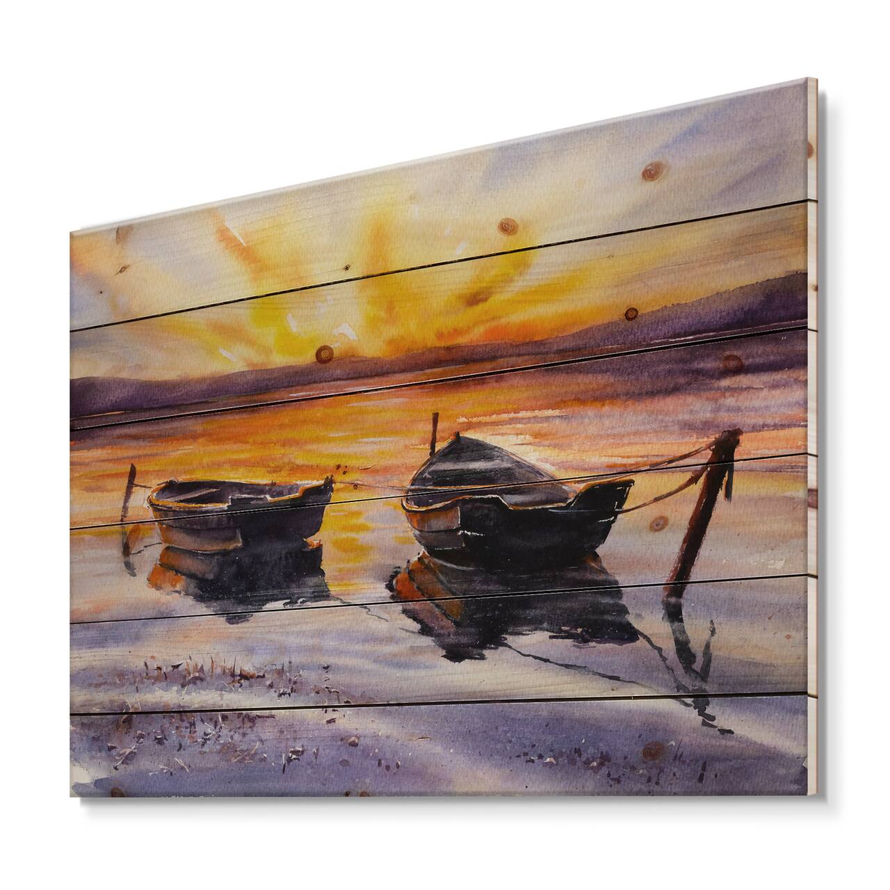 Designart - Sunset and Two Small Boats Parking On The Shore - Lake House Print on Natural Pine Wood